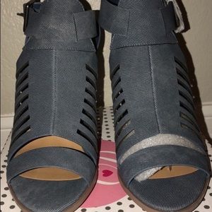 Delicious denim block heel sandals